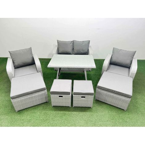 Fimous Rattan Garden Furniture Dining Set 8-seater Patio Rectangular Table Sofa Set with 4 Stools Light Grey (1/4)