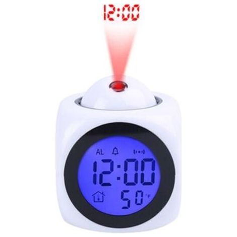Projecteur d'horloge numérique de plafond, alimenté par piles, affichage LED rétroéclairé, réveil rotatif (blanc) (1/5)