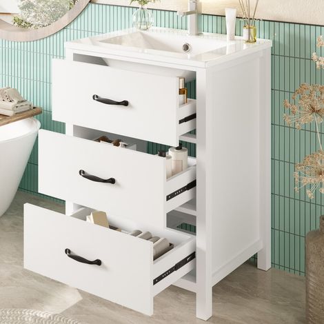 Ensembles meuble de salle de bains, Lavabo sur pied 61x47x83 cm, entièrement laqué, trois tiroirs, coulisses silencieuses, blanc (1/5)
