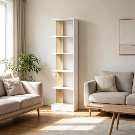 Offenes Standregal mit 5 Fächern, 45 x 21 x 170 cm, Weiß und Eiche (1/5)