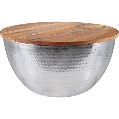 Table bassa TRIANE 60 cm con contenitore – Piano in legno di acacia e struttura in metallo argento martellato