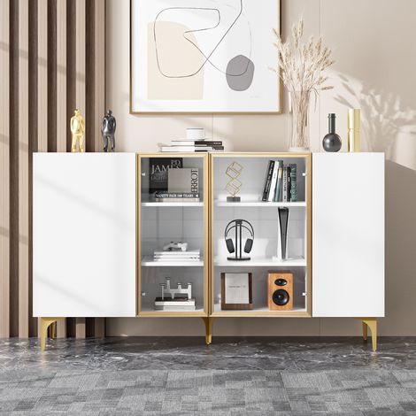 Elegante credenza con 2 ante in vetro e 2 ante in legno, senza maniglie, mobile contenitore, design moderno, 150 x 38 x 85 cm - Bianco (1/5)
