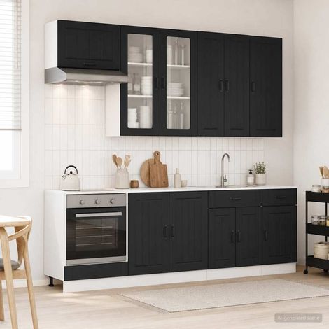 Ensemble de cuisine 8 pièces en bois d’ingénierie noir avec meubles bas et pieds réglables - PANGIVO (1/5)