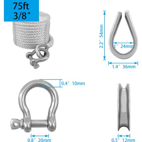 Marine double-braided nylon anchor rope, platinum dock rope, dry dock rope, mooring line, marine accessories - 9mm75ft (with shackle) - with shackle (1/4)