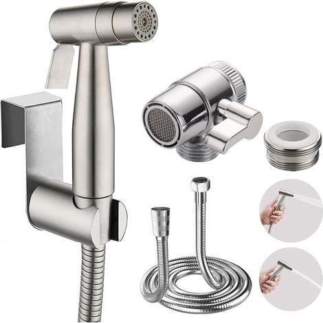 Bidet Douchette à main en acier inoxydable, douchette à double fonction musulmane en acier inoxydable – avec distributeur de robinet, WC flexible et crochet de 59" ou support mural