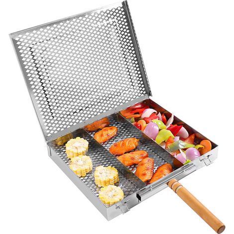 Grillkorb für den Außenbereich – Faltbarer Grillkorb aus Edelstahl mit abnehmbarem Griff und zwei herausnehmbaren Trennwänden, ideal zum Grillen von Gemüse, Fisch, Garnelen, Steaks usw. (1/5)