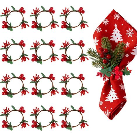 Sollbry Rond de Serviette Noel 12 Pièces Ronds de Serviettes, Porte Serviette Noel Baie de Noël, Décorations Table pour Dîner, Fête,101.2cm (Baies Rouges) (1/5)