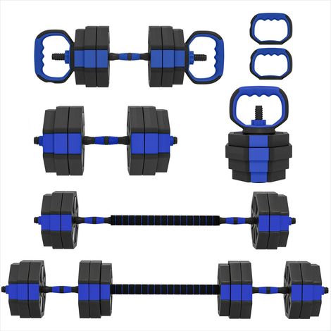Haltères réglables 30 kg 6-en-1 avec barre et kettlebell Bleu (1/5)