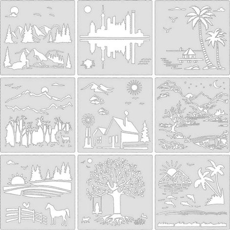 flexible Schablonen für Wald-, Strand-, Baum- und Stadtmotive – Landschaftsvorlagen für DIY-Kunstprojekte