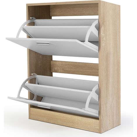 Idmarket – Meuble à chaussures 12 paires imitation hêtre – 2 portes blanches – Dimensions 63,5x24x80,5 cm – Structure en panneaux de particules