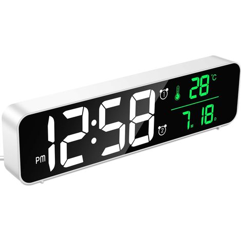 Réveil Numérique, Horloge Murale Réveil Matin LED Digital Miroir Grand Ecran avec Température Date, 2 Alarme, 40 Musique, 6 Luminosité Variable, USB Clock pour Maison Bureau, Blanc-Fei Yu (1/5)