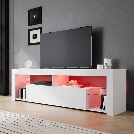 SIRHONA Meuble TV Blanc avec lumières LED Meuble tele étagères en verre Espace de rangement Multicouche 180x35x55 cm (1/5)
