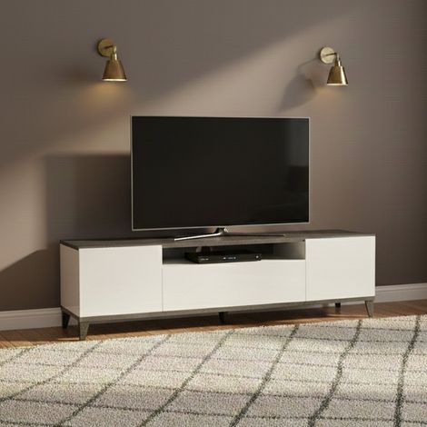 TV-Schrank Ivan, niedriges Wohnzimmer-Sideboard mit 2 Türen, Fernsehständer-Basis, 100 % Made in Italy, 160 x 40 x 47 cm, glänzendes Weiß und Schiefer, (1/5)