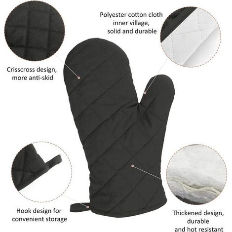 1 paio (neri) di guanti da cucina resistenti al calore, guanti da cucina isolanti in cotone per camino, barbecue, forno a legna, cucina (1/3)