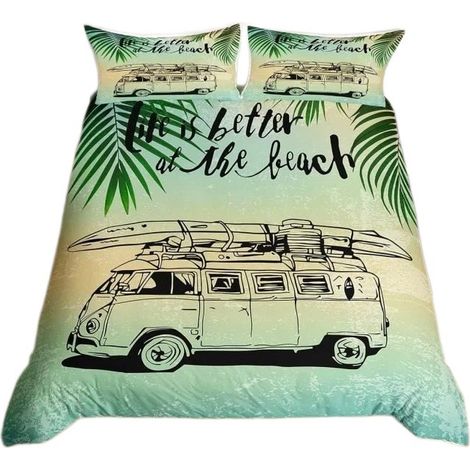 Housse de couette motif camping-car dessin animé 220x240cm, 2 taies d'oreiller, microfibre, pour chambre (1/5)