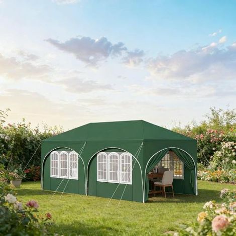 Gazebo 3x6m, avec 6 parois latérales, Partiizelt résistant à l'eau, protection UV 50+, réglable en hauteur vert (1/5)