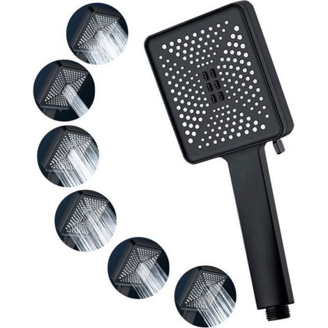 Pommeau De Douche - 6 Modes De Pulvérisation - Économie D'eau - Anticalcaire - Carré Noir Chrome - 1 Pièce (1/4)