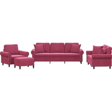 vidaXL Set di Divani 4 pz con Cuscini Rosso Vino in Velluto (1/5)
