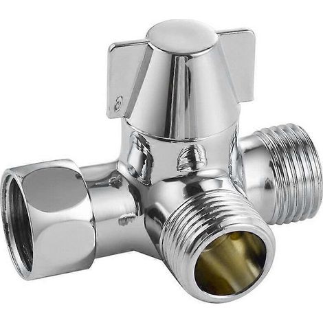 Inverseur 3 voies pour douche, douchette et bras de douche de tête. En laiton massif, chromé poli, argenté, monobloc. (1/5)