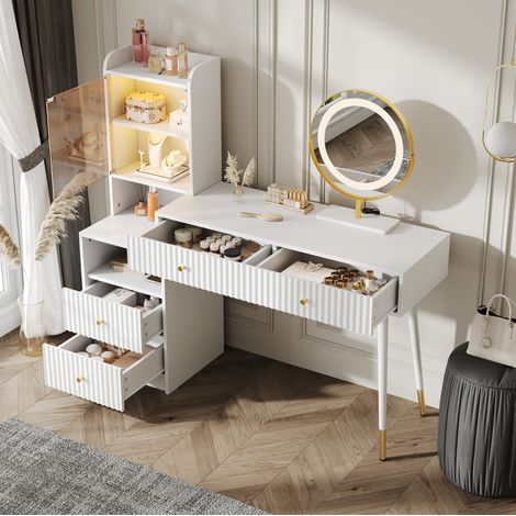 Tocador con espejo LED de 3 colores, 4 cajones, armario con puerta de vidrio, blanco HAVRYA (1/5)