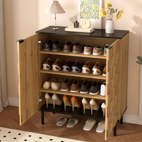 Meuble à chaussures, 80x35x91.5 cm, armoire de rangement pour entrée et couloir, 2 portes effet mosaïque 3D étagères réglables en hauteur, Naturel (1/5)