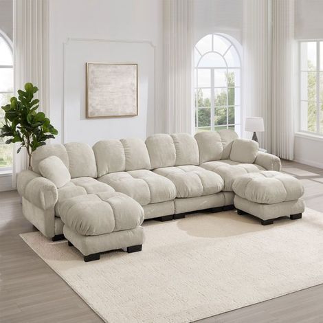 Canapé Modulable 330x149cm Tissu Chenille Doux - Canapé Composable - 4 Places Forme U, 2 Poufs, Design Ergonomique Kaki Clair (1/5)