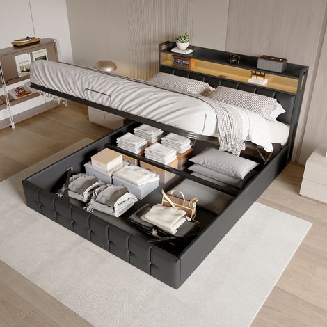 Dans Les Nuages – Lit coffre 160x200 cm avec éclairage LED – Rangement hydraulique – Charge USB-A/C – Sommier à lattes en bois – Similicuir noir