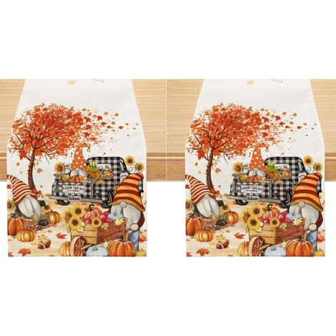 Camino de mesa otoñal, estampado en acuarela de gnomos, camiones de cosecha y calabazas, decoración de temporada para otoño, 33 x 183 cm (2 piezas) (1/5)