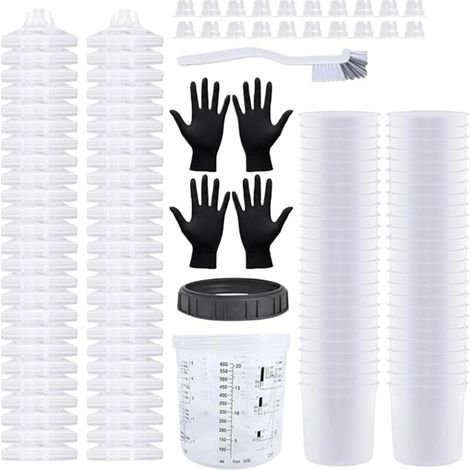 Récipient de mélange de peinture - Kit de préparation de peinture de voiture - Accessoires de pulvérisateur de peinture avec 50 inserts en verre, 50 couvercles, 1 verre trempé, 20 bouchons, 1 paire de (1/5)