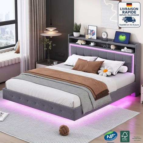 Lit adulte 160x200 cm, lit double, avec USB et lumière LED, sans matelas, pieds cachés design, Bois Certifié PEFC - gris (1/5)