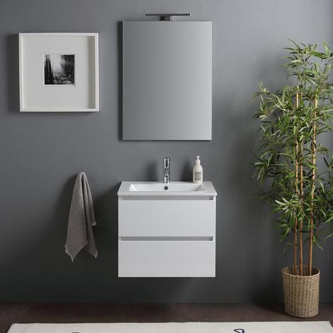 Kiamami Valentina – Meuble de salle de bain suspendu 60cm – Lavabo en céramique – 2 tiroirs avec fermeture ralentie – Finition blanc brillant — vue 2