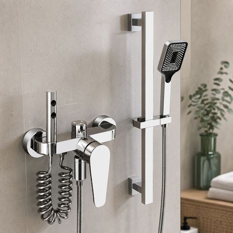 Ensemble de douche en laiton massif avec douchette et pistolet pulvérisateur, support carré réglable en hauteur, finition argent chromé antirouille (1/5)