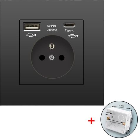 Prise murale avec USB et Type-C, 5 V - 2,1 A, prise USB intégrée standard UE, multiprise française avec boîtier de montage, 110-250 V (Doré)