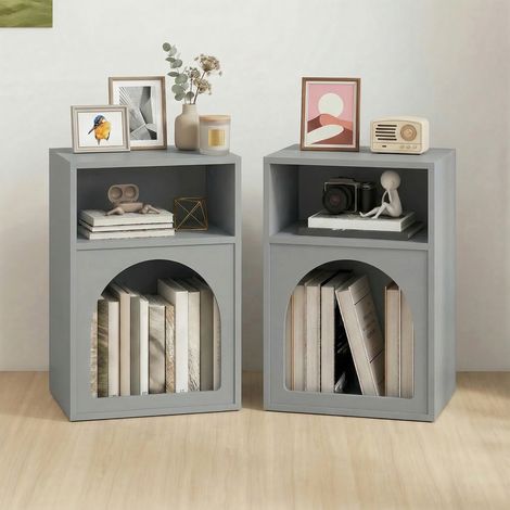 Lot de 2 tables de chevet. table de nuit avec compartiments ouverts. design arqué. 40 x 30 x 60 cm. gris