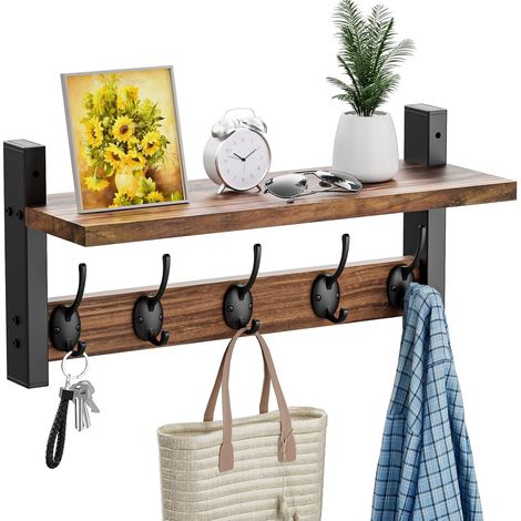 Porte-manteau mural étagère Portemanteaux Métal Porte-manteau 5 crochets Étagère murale Porte-manteau Crochet suspendre Couloir Chambre Salle bains Cuisine Home Coat Hooks Wall Mount Shelf (1/5)