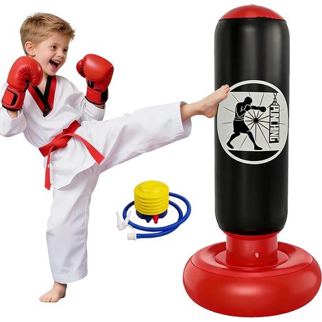 Sac de Frappe pour Enfants - 160 cm - Gonflable - en PVC - avec Pompe à Pied - pour garçons et Filles - pour l'entraînement du karaté, du Kickboxing, du Taekwondo, du MMA (1/5)
