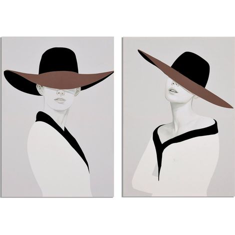 portrait élégant femme au chapeau déco murale contemporaine - blanc noir et rouge brun (1/3)