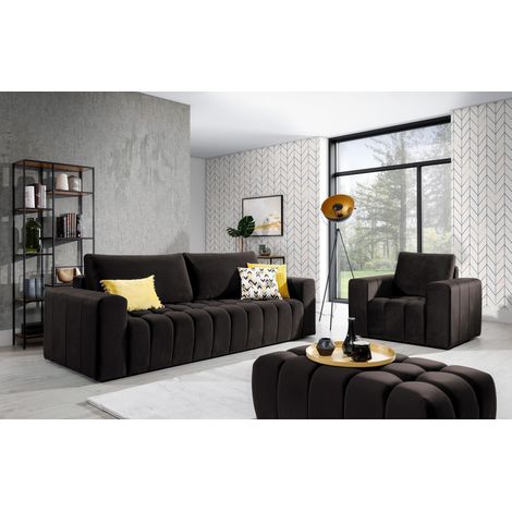 Ensemble 1 canapé convertible + 1 fauteuil + 1 pouf capitonné LARKO velours-Marron foncé (1/5)