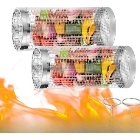 Lot de 2 paniers de barbecue roulants en acier inoxydable 20 × 9 cm – Paniers cylindriques avec crochets – Pour légumes, viande et grillades en extérieur (1/5)