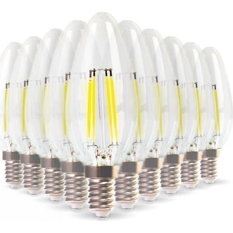 Lot de 10 Ampoules LED E14 Flamme Filament 4W Eq 40W blanc chaud 2700K