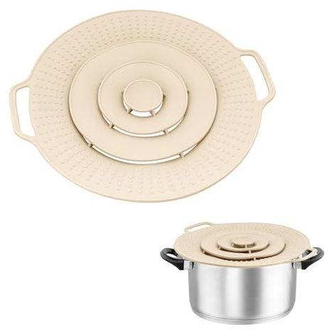 Lot de 2 couvercles anti-éclaboussures en silicone pour casseroles et poêles d'un diamètre de 15 à 25 cm, pour protéger contre les débordements (beige) (1/5)