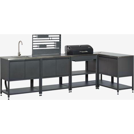 Cuisine modulaire d'angle extérieure 5 pièces avec évier, panneau organisateur et barbecue à charbon en acier Savona SKLUM Gris Graphite (1/5)