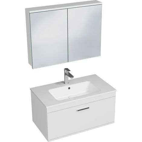 RUBITE Meuble salle de bain simple vasque 1 tiroir blanc largeur 80 cm + miroir armoire (1/5)
