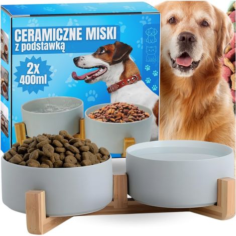 Comedero doble de cerámica para perros y gatos con soporte, para agua y comida, 2 x 400 ml.