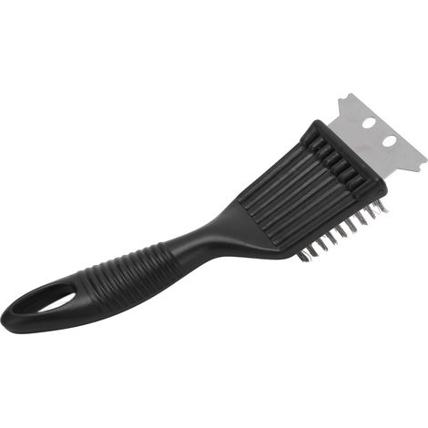 Brosse de nettoyage portable pour barbecue, en fil d'acier, avec grattoir intégré. (1/5)