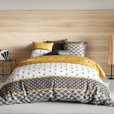 Parure housse de couette 260x240cm + 2 taies motif rétro gris et jaune 100% coton - TILIO (1/4)