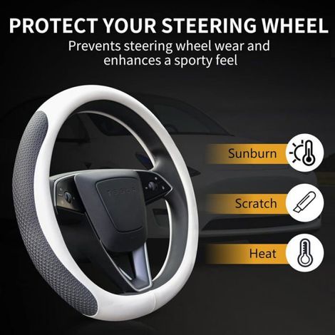 Housse Volant Tesla Model 3 Y Cuir Nappa Noir Blanc 38cm Protection Volant Anti Dérapante Respirante Accessoire Intérieur (1/4)