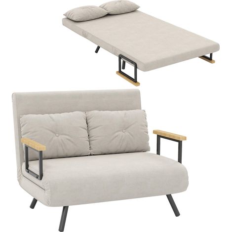 Canapé convertible 2 places avec dossier réglable à 5 niveaux et 2 coussins rembourrés, revêtement effet velours, beige