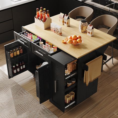 Meuble cuisine multifonction 110 x 46 x 90,5 cm avec table rabattable et roulettes noir HAVRYA (1/5)