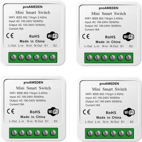 Interrupteur intelligent Wi-Fi 16 A, mini smart switch Wi-Fi, module interrupteur, application Tuya et SmartLife, compatible avec Alexa et Google Home, lot de 4 (1/5)